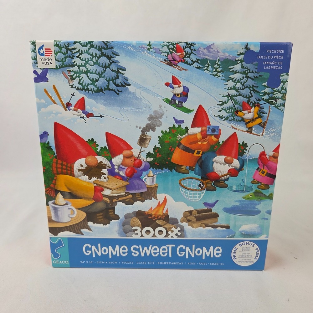 NIB Sealed Ceaco Gnome Sweet Gnome Large 300 Pc Puzzle w/ Poster 24"x18"